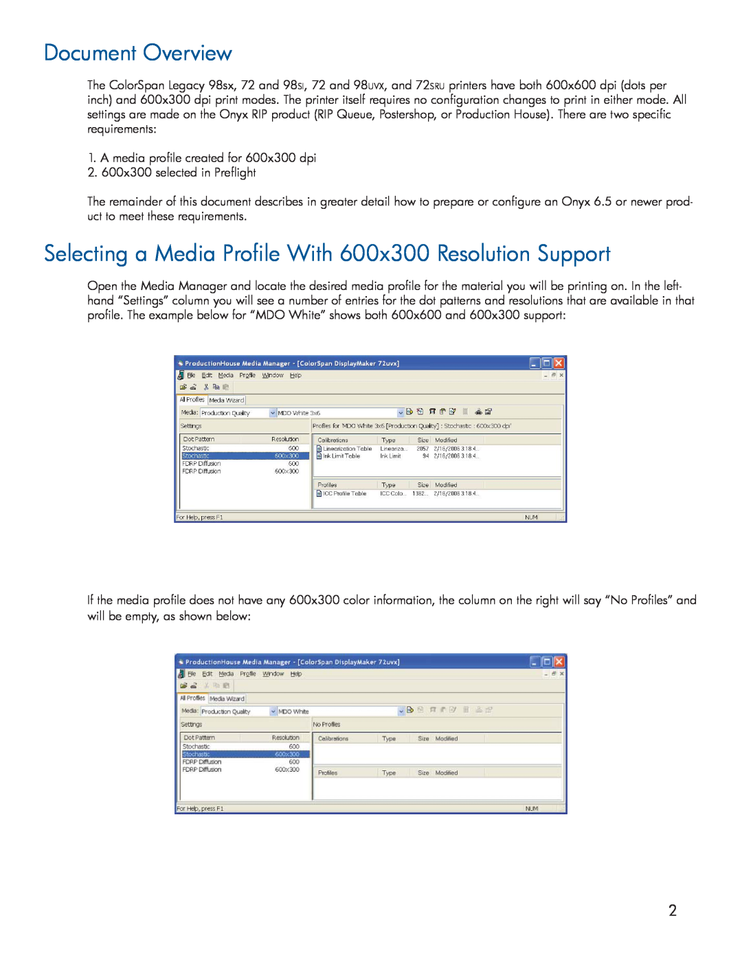 HP Scitex FB910 manual Document Overview, Selecting a Media Proﬁle With 600x300 Resolution Support 