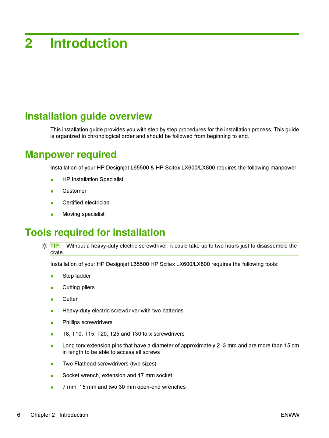 HP Scitex LX800 Industrial Introduction, Installation guide overview, Manpower required, Tools required for installation 