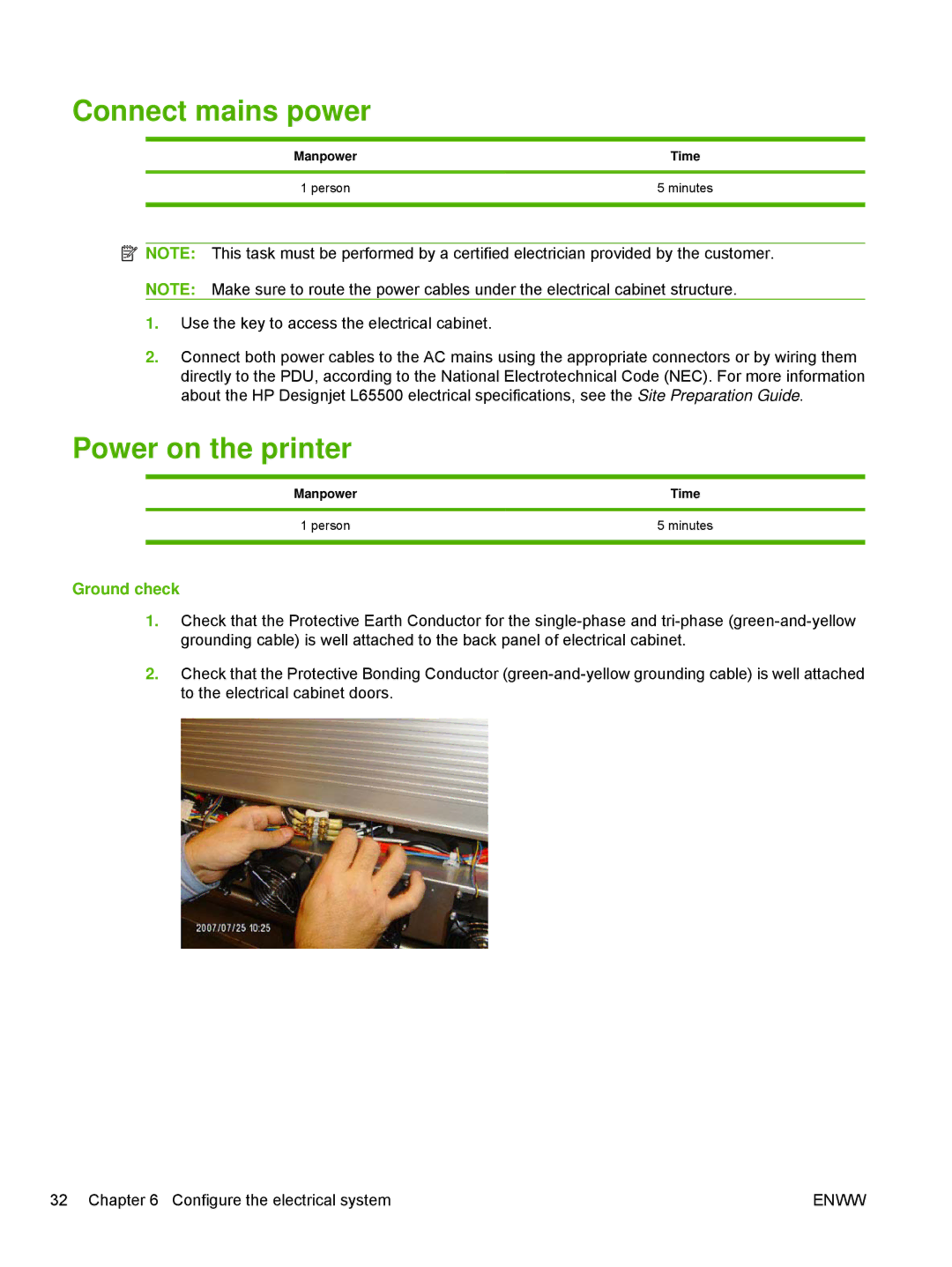 HP Scitex LX800 Industrial manual Connect mains power, Power on the printer, Ground check 