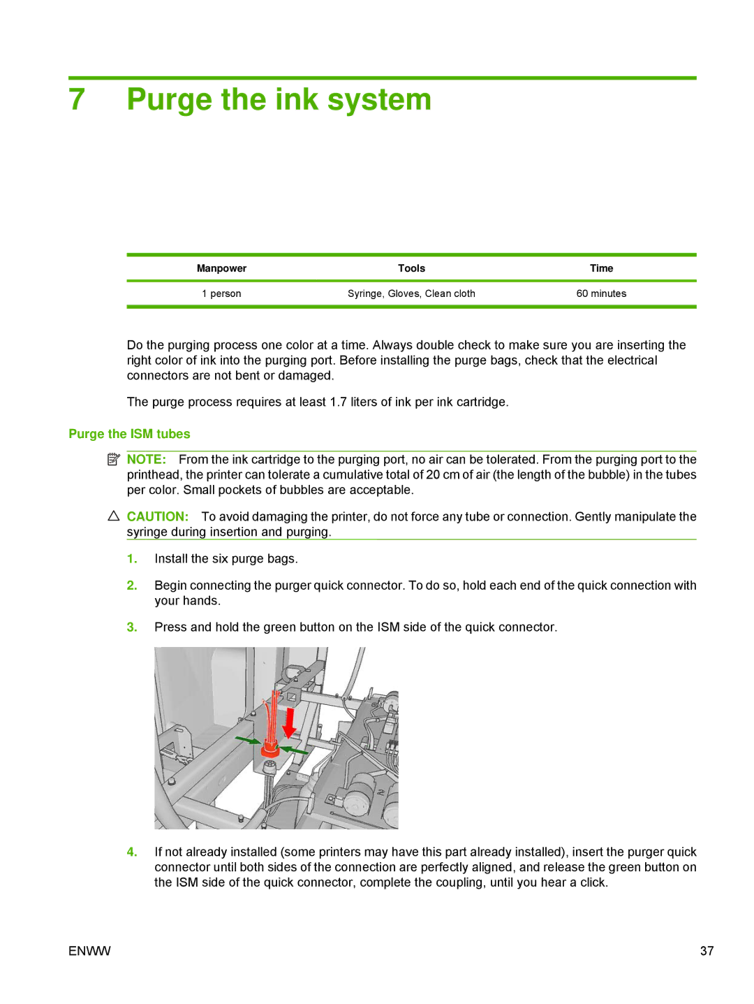 HP Scitex LX800 Industrial manual Purge the ink system, Purge the ISM tubes 