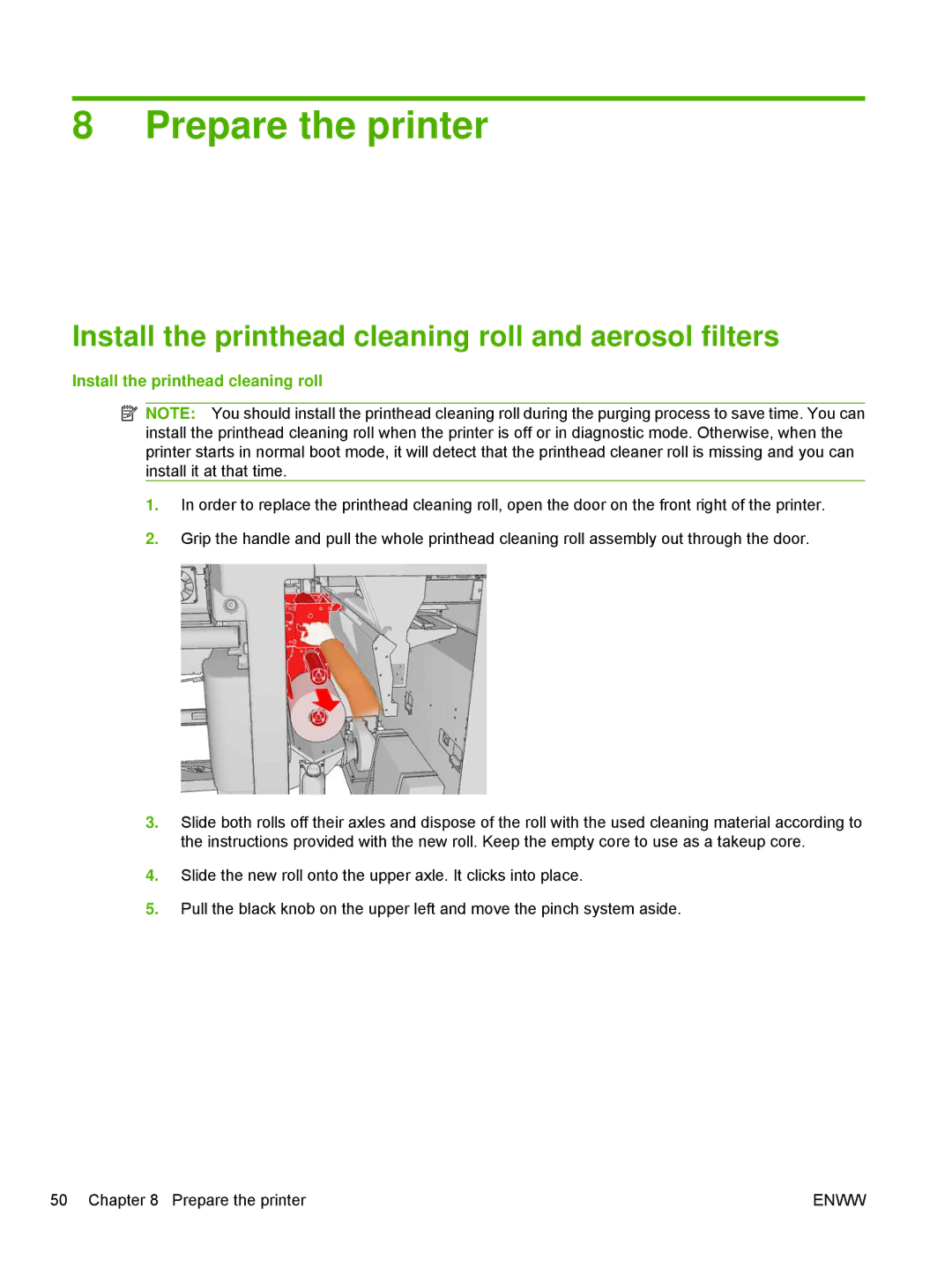 HP Scitex LX800 Industrial manual Prepare the printer, Install the printhead cleaning roll and aerosol filters 