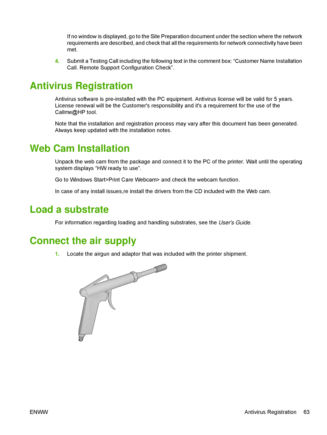 HP Scitex LX800 Industrial manual Antivirus Registration, Web Cam Installation, Load a substrate, Connect the air supply 