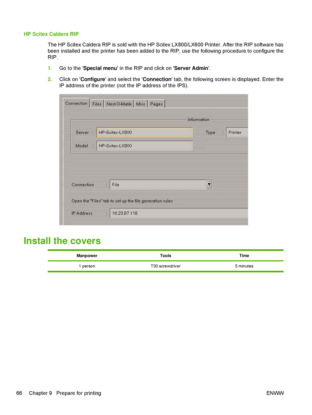 HP Scitex LX800 Industrial manual Install the covers, HP Scitex Caldera RIP 