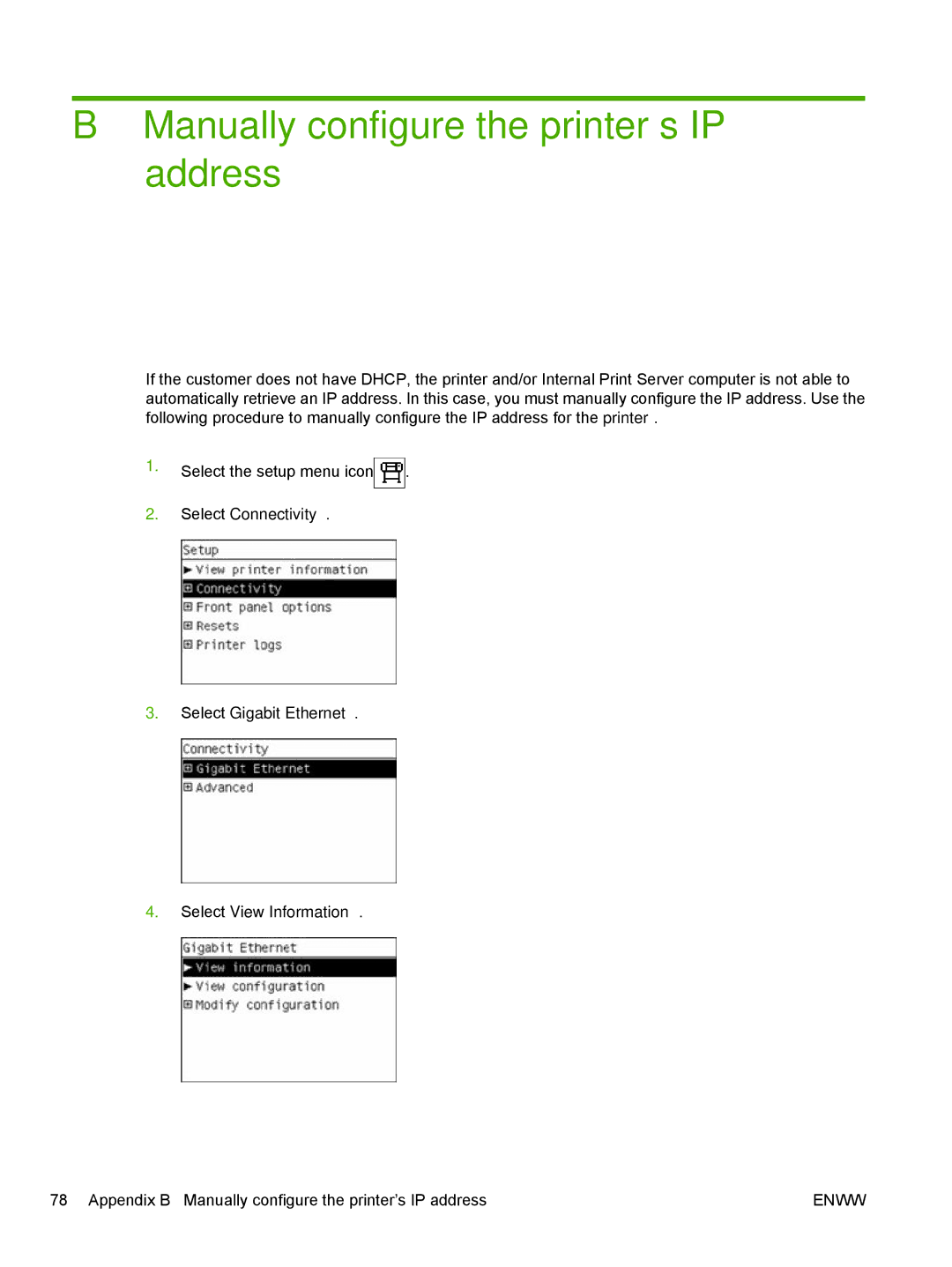 HP Scitex LX800 Industrial manual Manually configure the printer’s IP address 