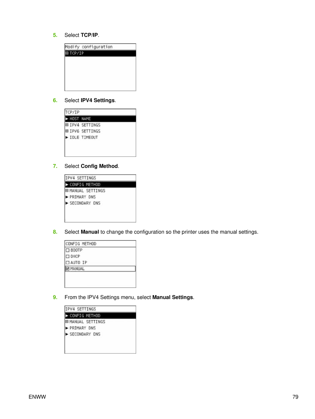 HP Scitex LX800 Industrial manual Select IPV4 Settings Select Config Method 