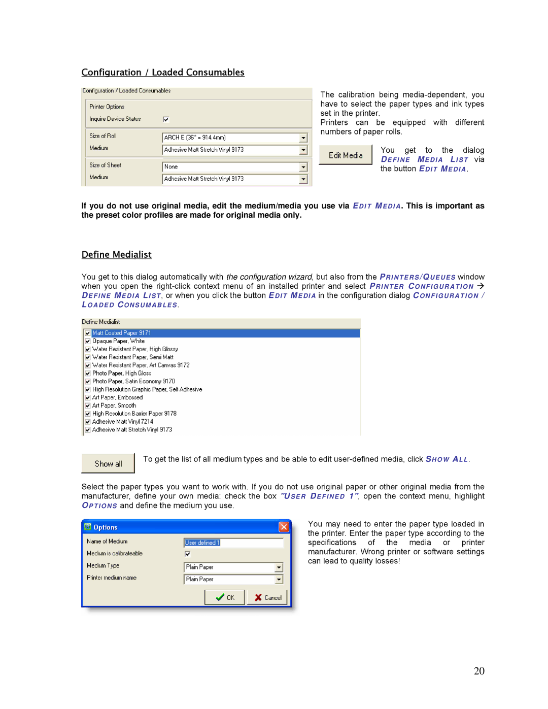 HP SCP Software for s manual Configuration / Loaded Consumables, Define Medialist 