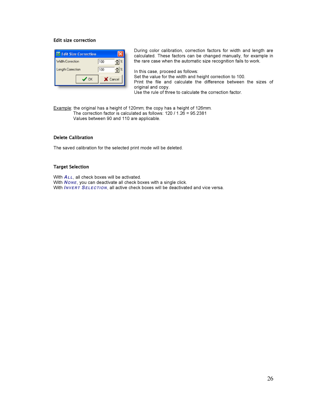 HP SCP Software for s manual Edit size correction, Delete Calibration, Target Selection 