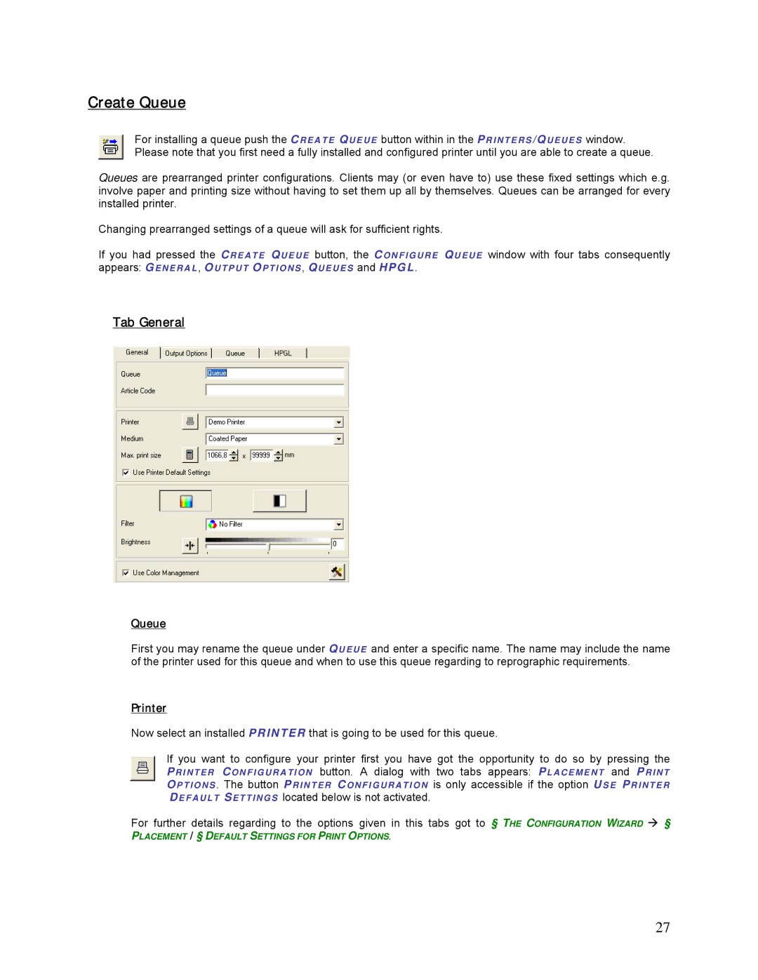 HP SCP Software for s manual Create Queue, Tab General, Printer 