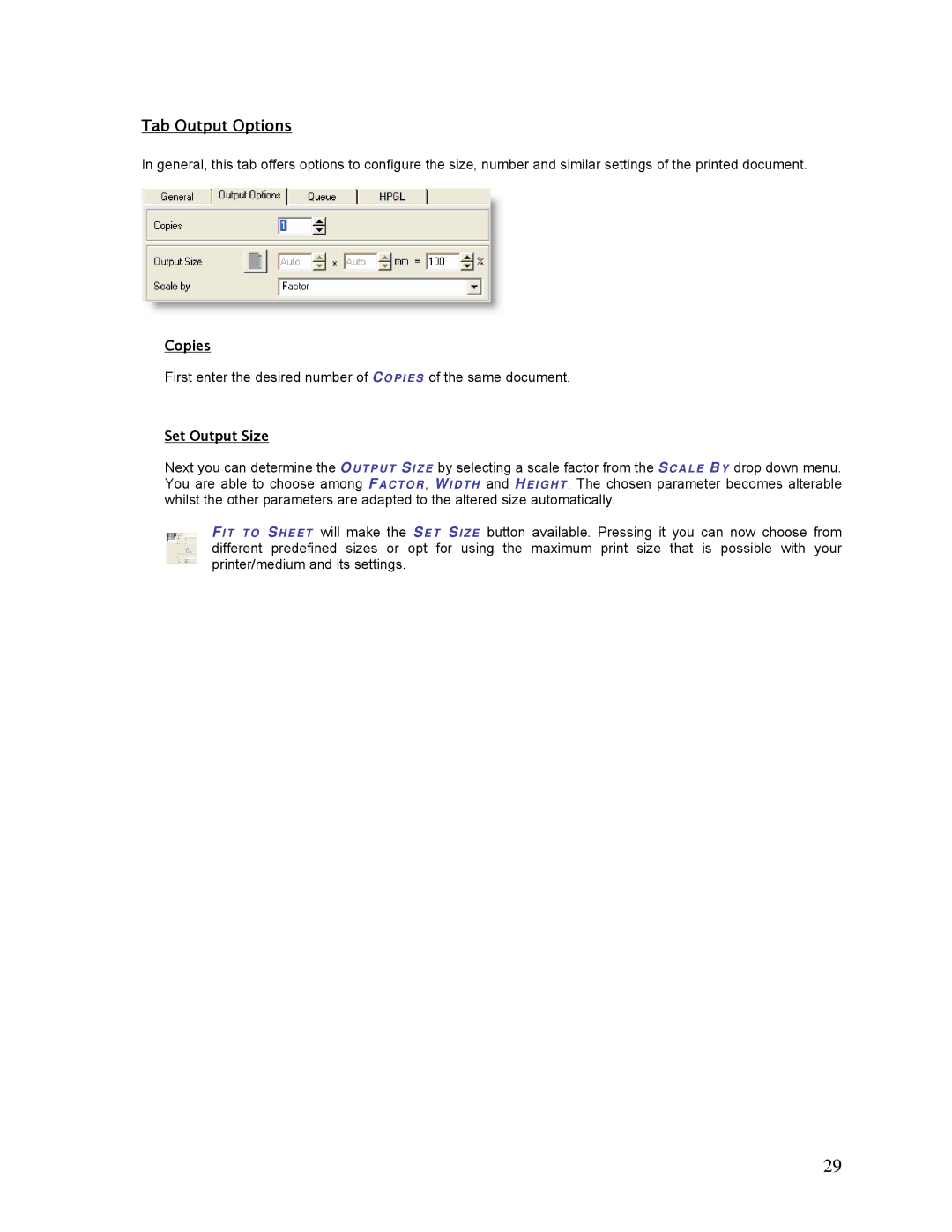 HP SCP Software for s manual Tab Output Options, Copies, Set Output Size 