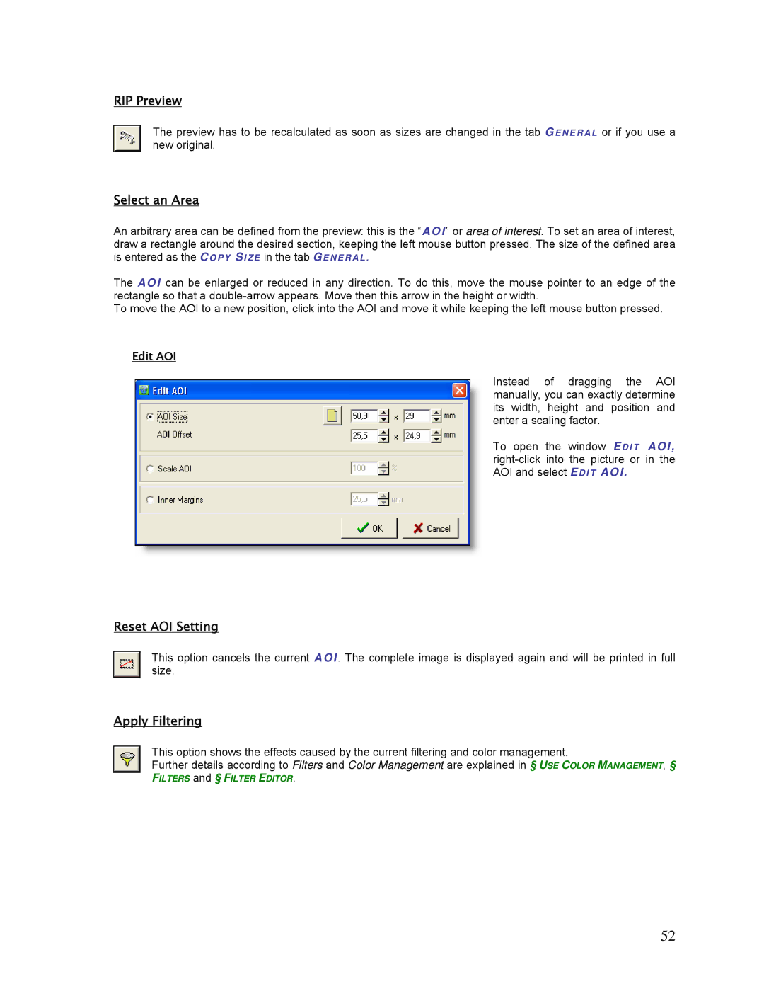 HP SCP Software for s manual RIP Preview, Select an Area, Reset AOI Setting Apply Filtering, Edit AOI 