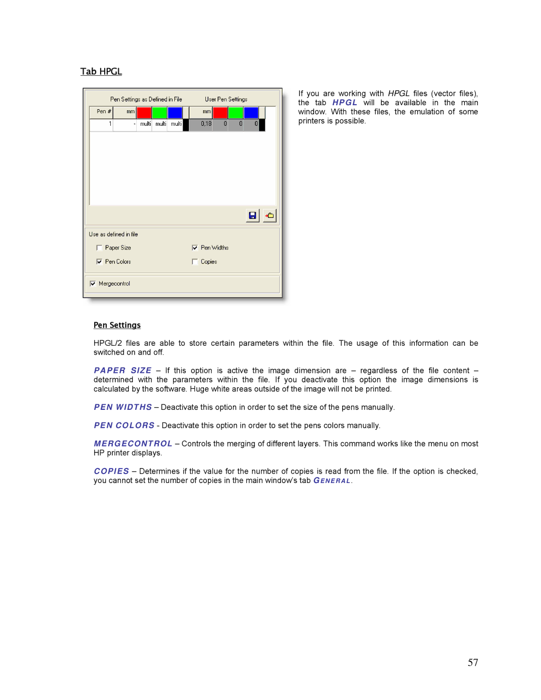 HP SCP Software for s manual Tab Hpgl, Pen Settings 