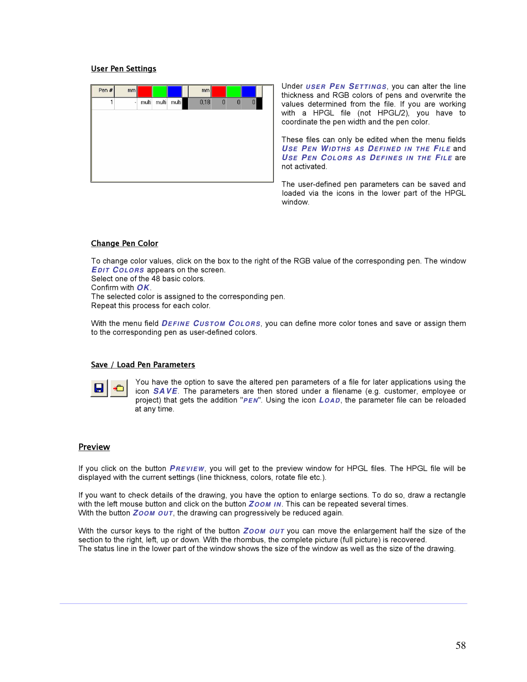 HP SCP Software for s manual User Pen Settings, Change Pen Color, Save / Load Pen Parameters 