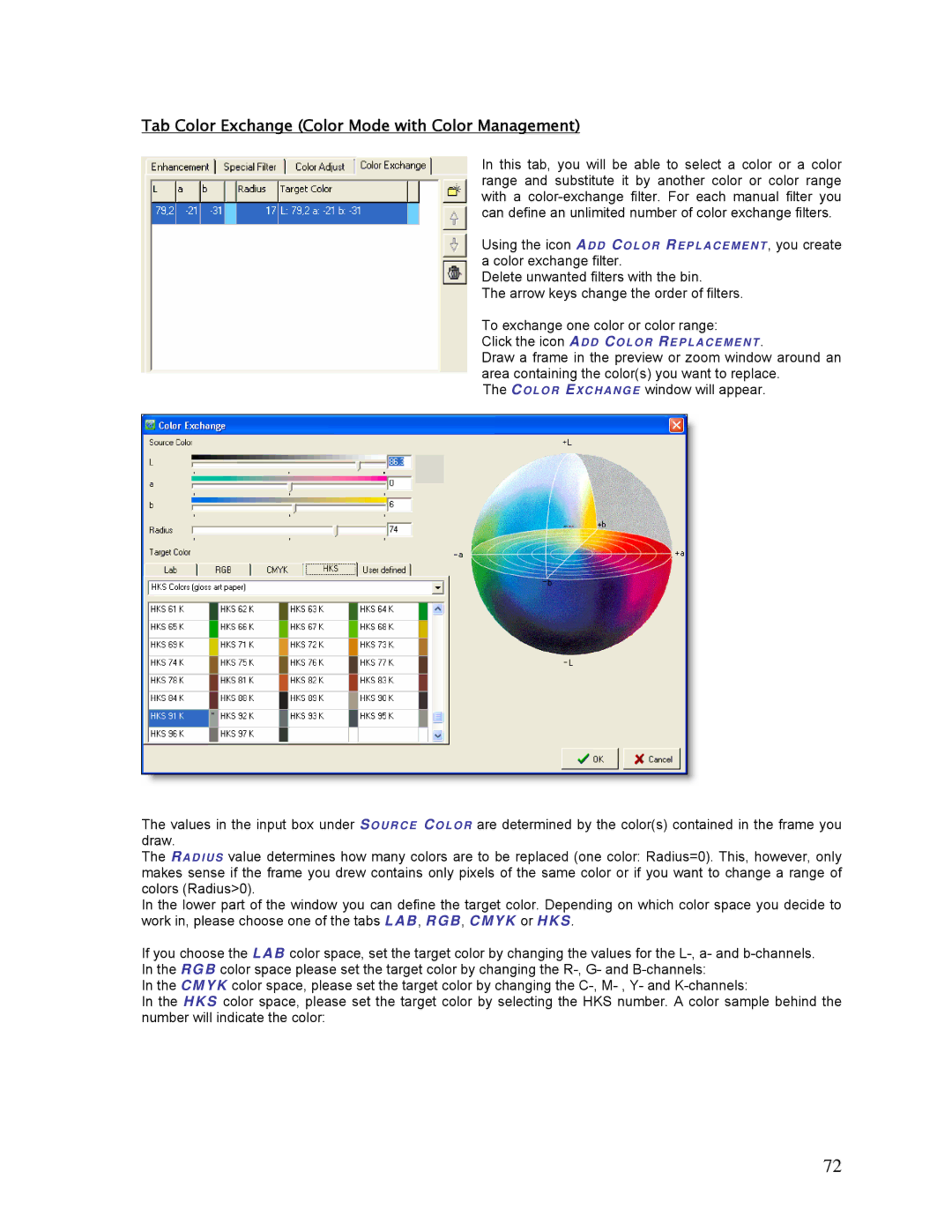 HP SCP Software for s manual Tab Color Exchange Color Mode with Color Management 