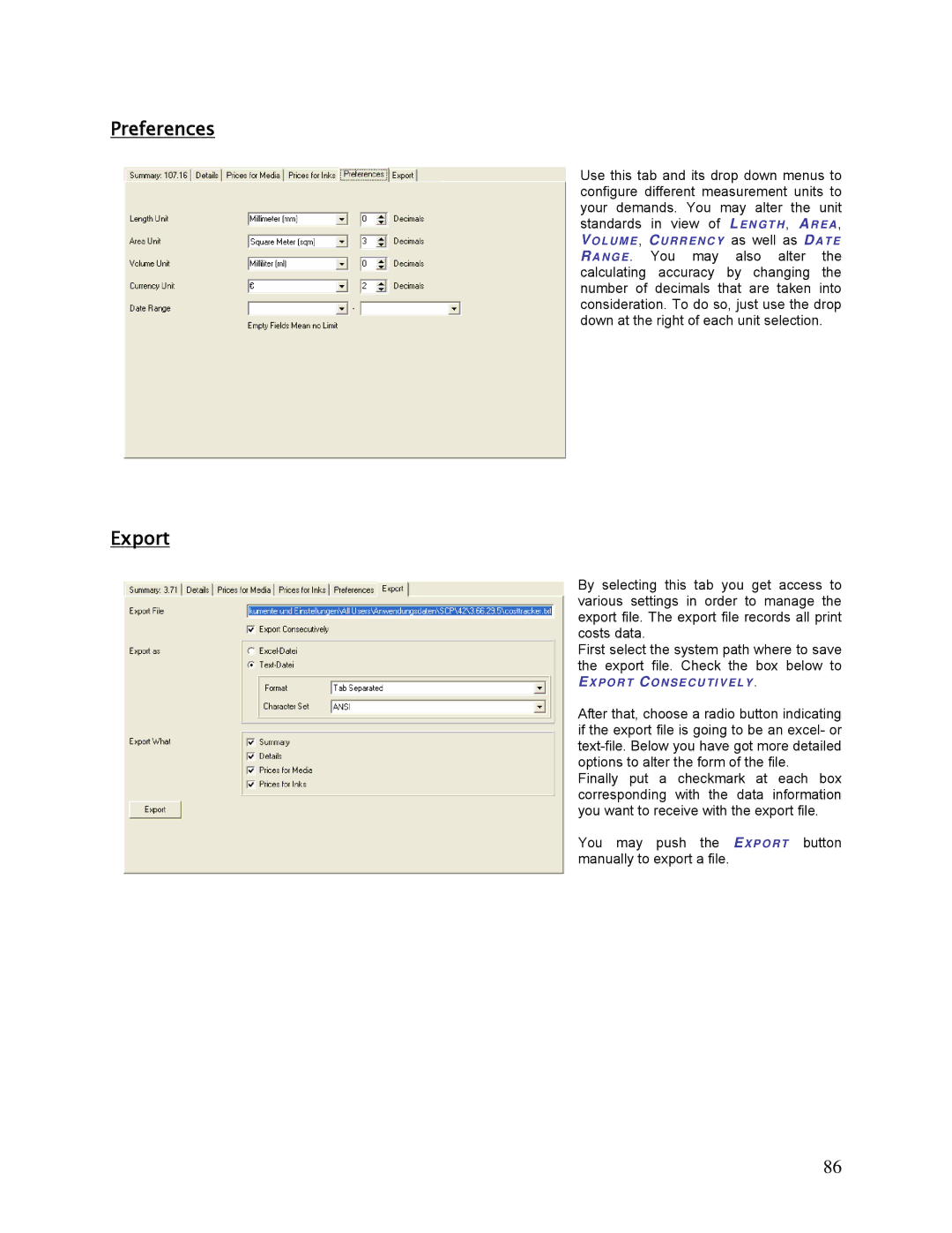 HP SCP Software for s manual Preferences, Export 