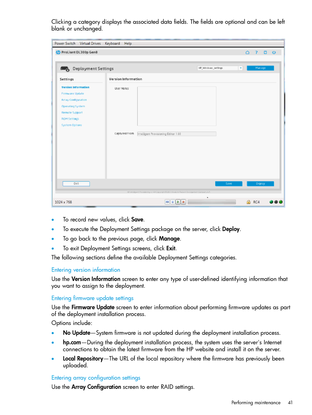 HP Scripting Toolkit for Windows and Linux manual Entering version information, Entering firmware update settings 