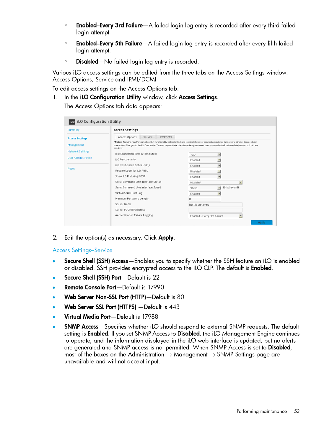 HP Scripting Toolkit for Windows and Linux manual Access Settings-Service 