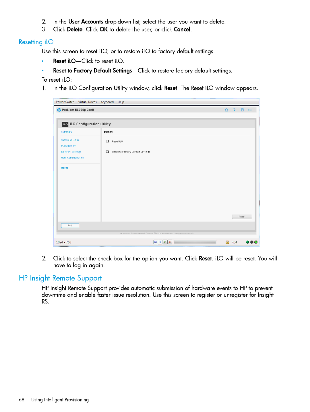 HP Scripting Toolkit for Windows and Linux manual HP Insight Remote Support, Resetting iLO 