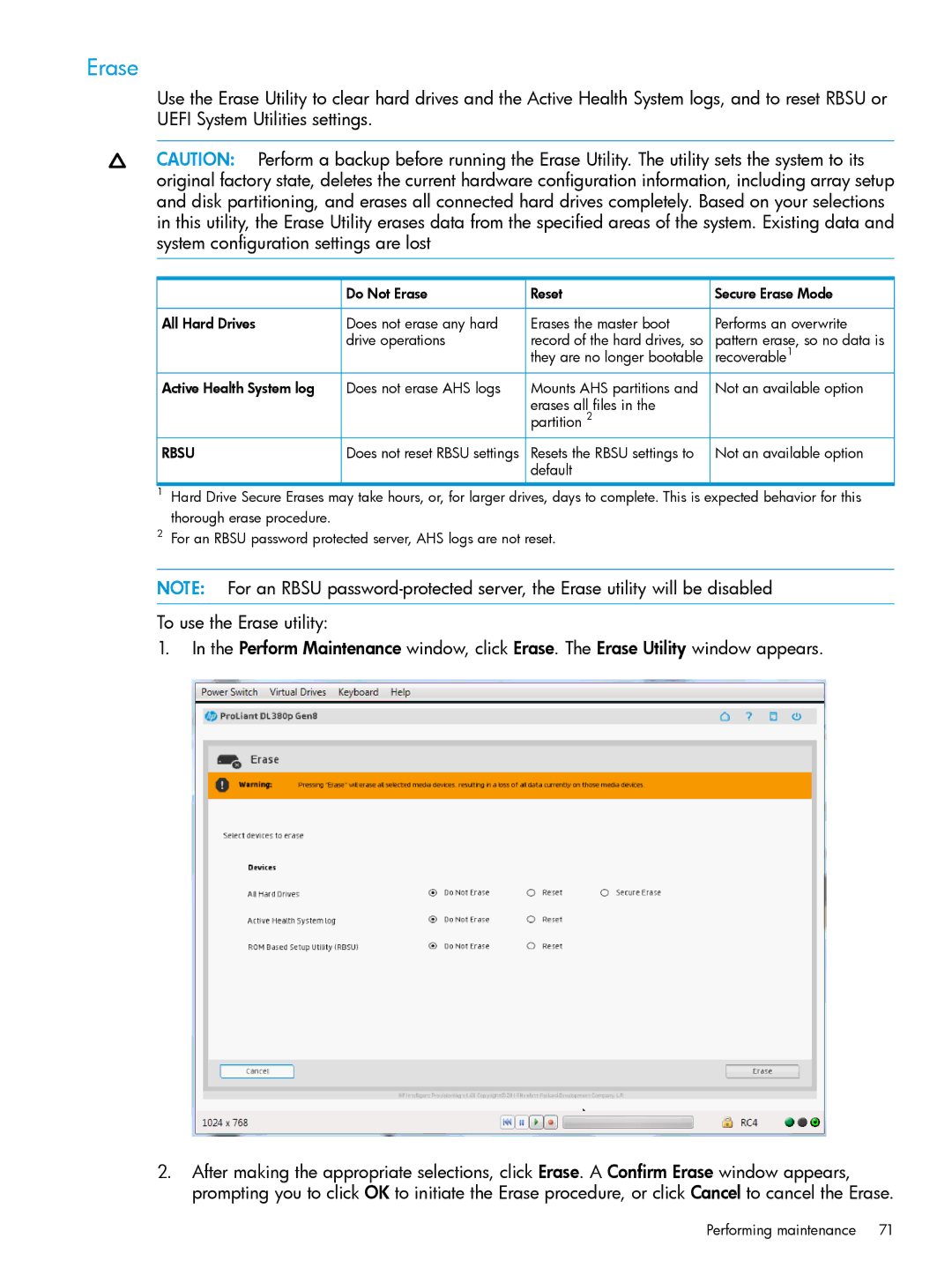 HP Scripting Toolkit for Windows and Linux manual Erase, Rbsu 