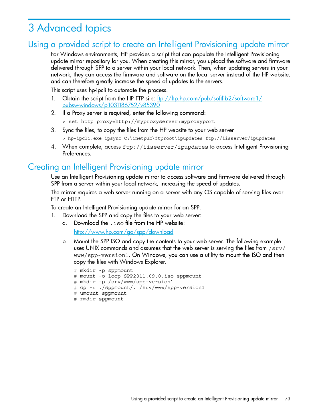 HP Scripting Toolkit for Windows and Linux manual Advanced topics, Creating an Intelligent Provisioning update mirror 