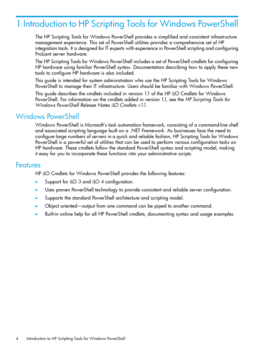 HP manual Introduction to HP Scripting Tools for Windows PowerShell, Features 