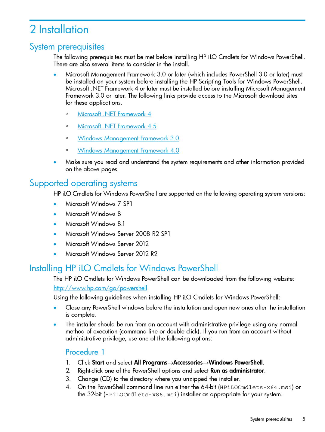 HP Scripting Tools for Windows PowerShell manual Installation, System prerequisites, Supported operating systems 