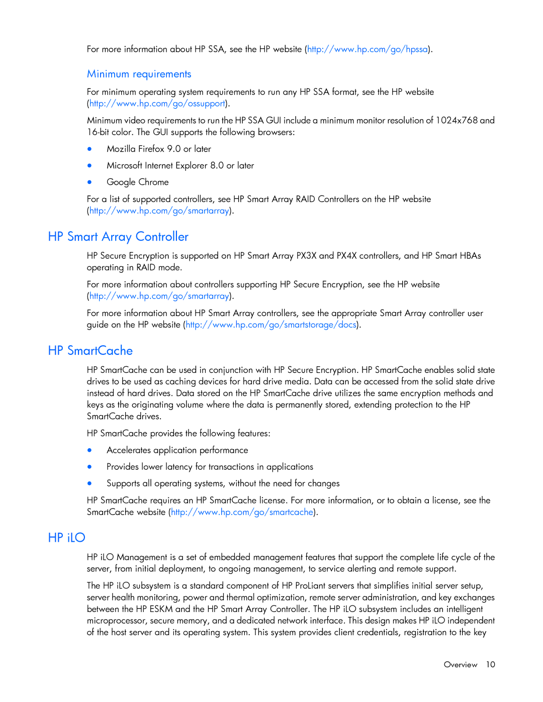 HP Secure Encryption manual HP Smart Array Controller, HP SmartCache, HP iLO, Minimum requirements 
