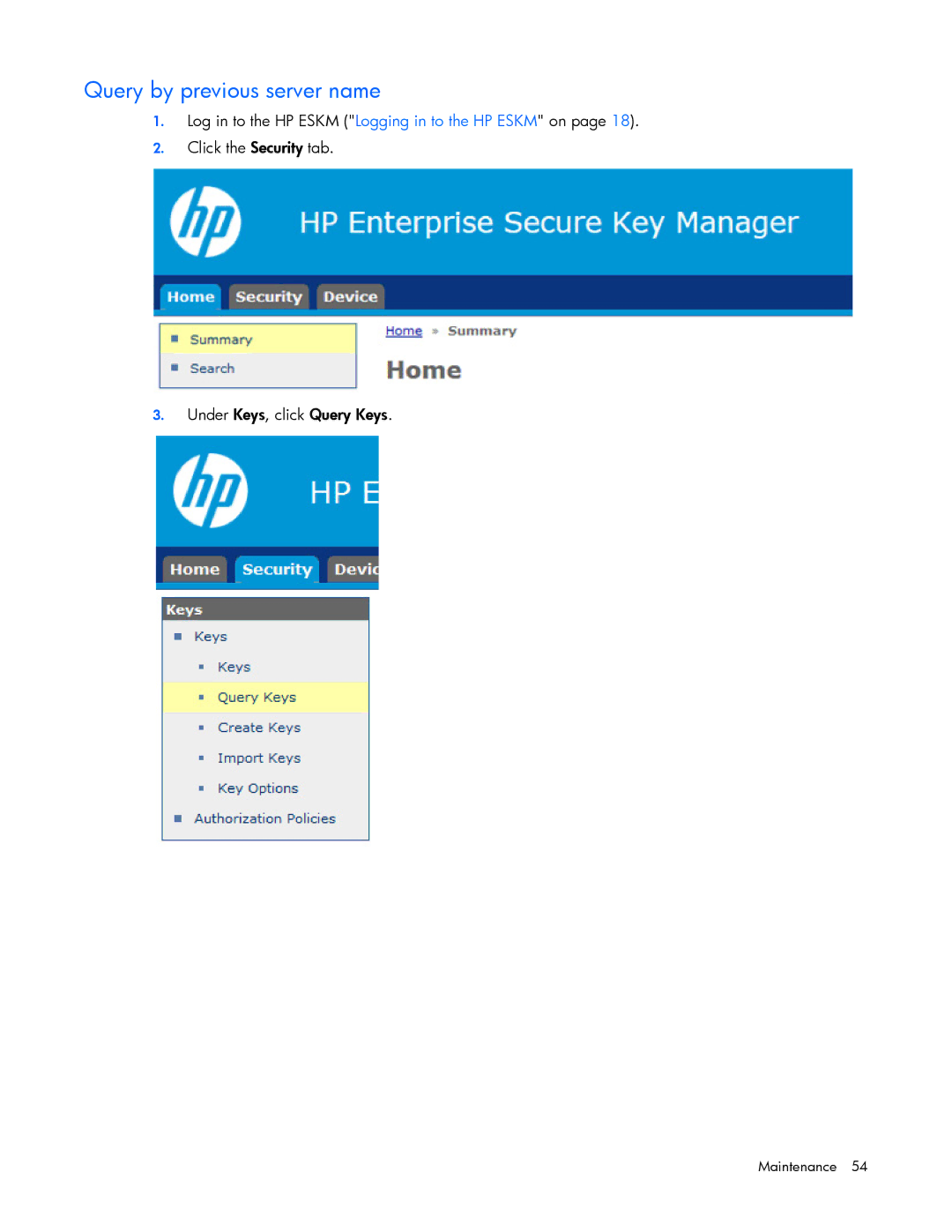 HP Secure Encryption manual Query by previous server name 