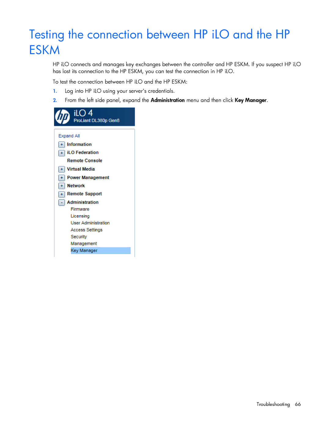 HP Secure Encryption manual Testing the connection between HP iLO and the HP Eskm 