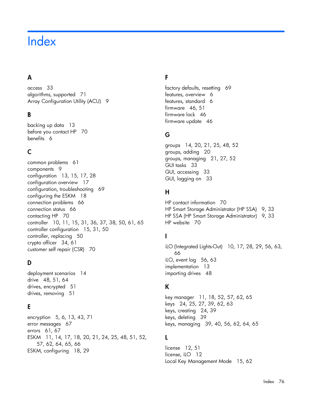 HP Secure Encryption manual Index, Eskm 