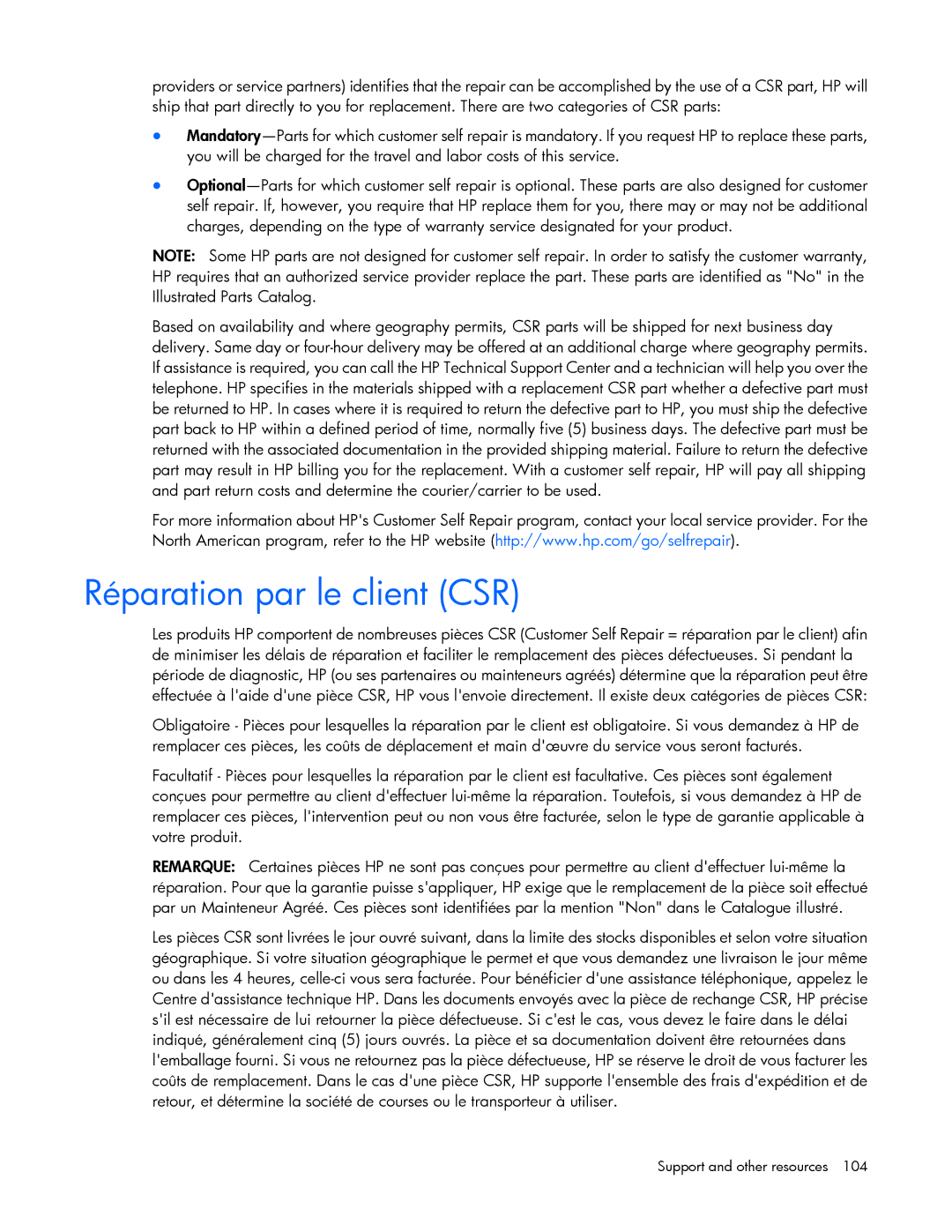 HP Security Camera ML100 manual Réparation par le client CSR 