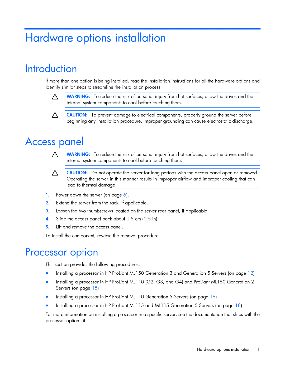 HP Security Camera ML100 manual Hardware options installation, Introduction, Access panel, Processor option 