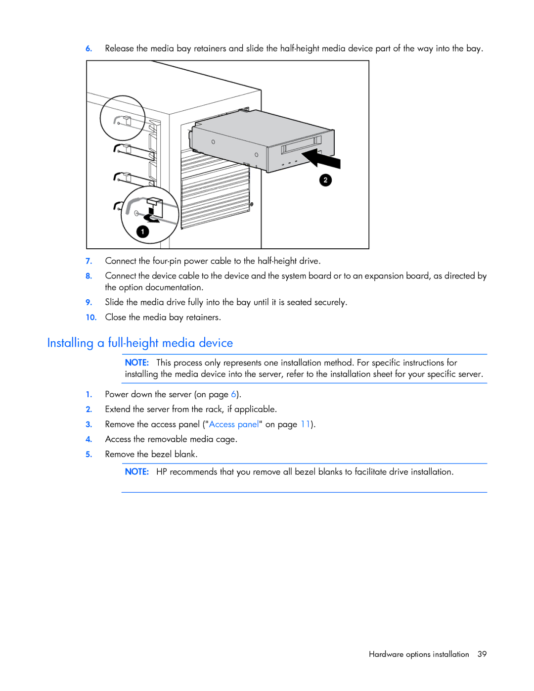 HP Security Camera ML100 manual Installing a full-height media device 