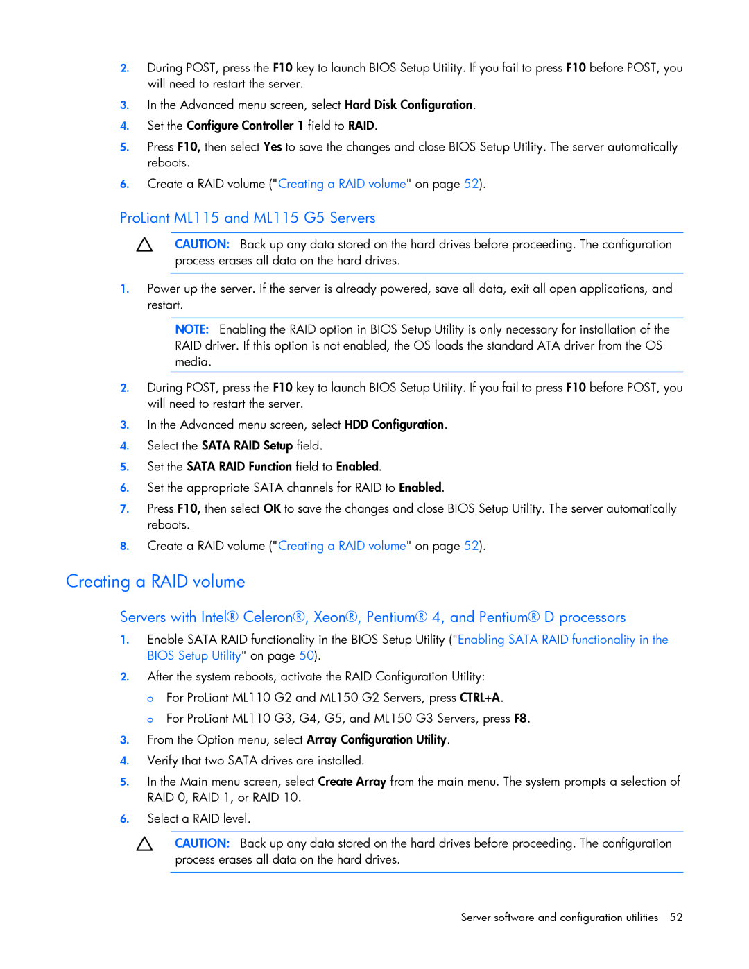 HP Security Camera ML100 manual Creating a RAID volume, ProLiant ML115 and ML115 G5 Servers 