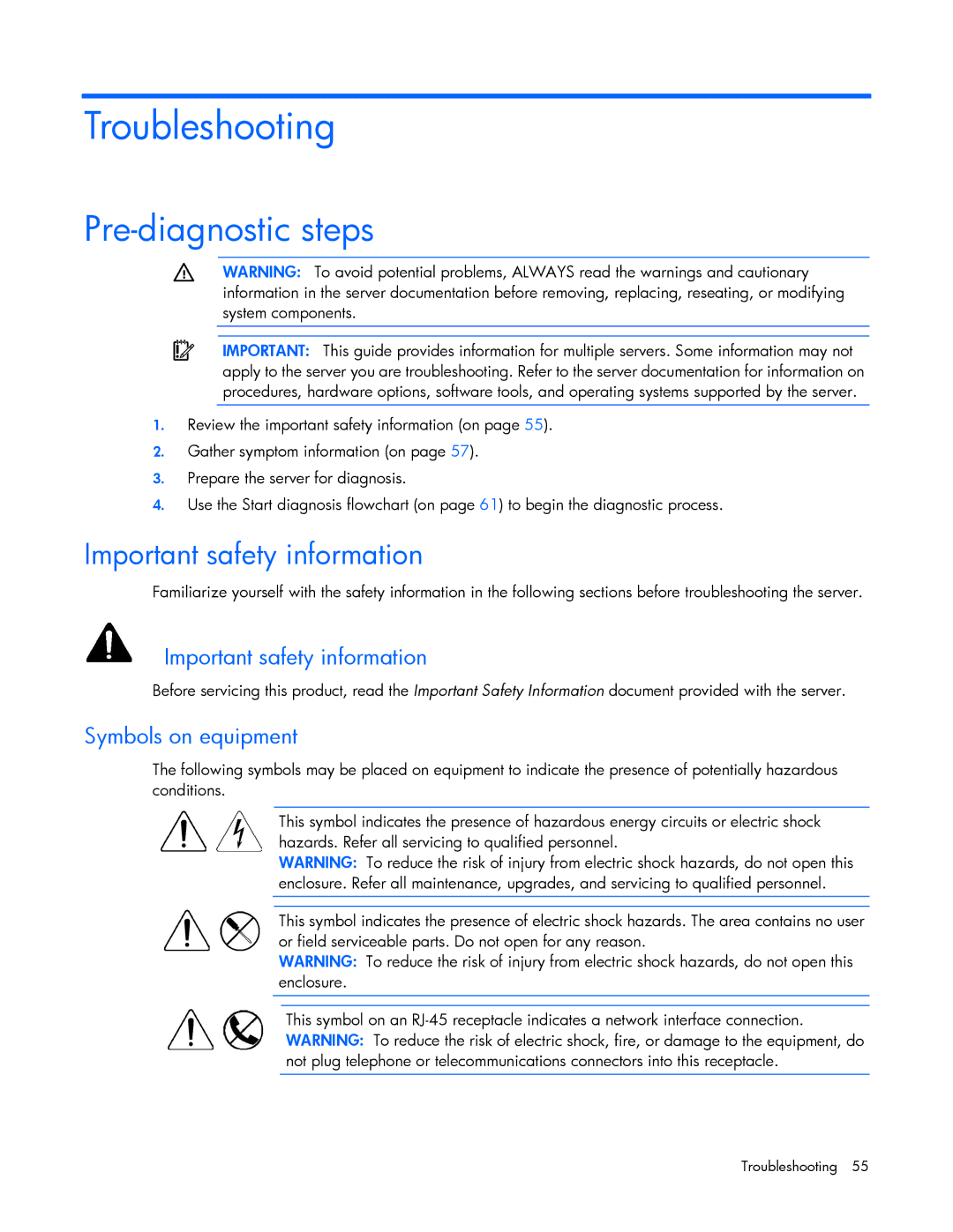 HP Security Camera ML100 manual Troubleshooting, Pre-diagnostic steps, Important safety information, Symbols on equipment 