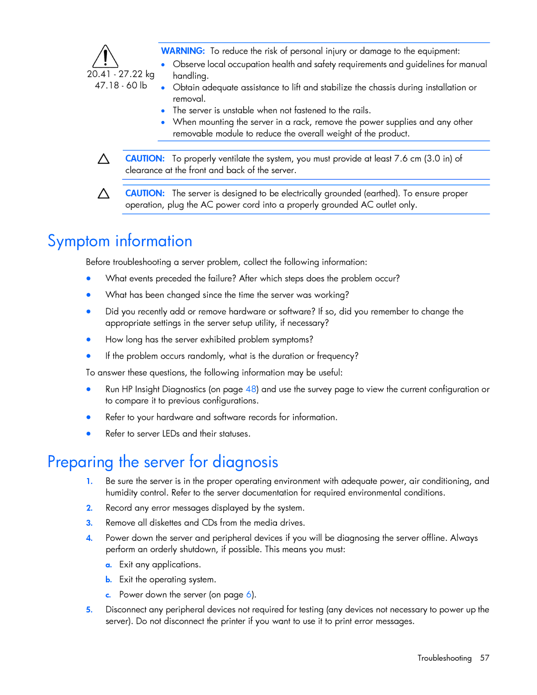 HP Security Camera ML100 manual Symptom information, Preparing the server for diagnosis 