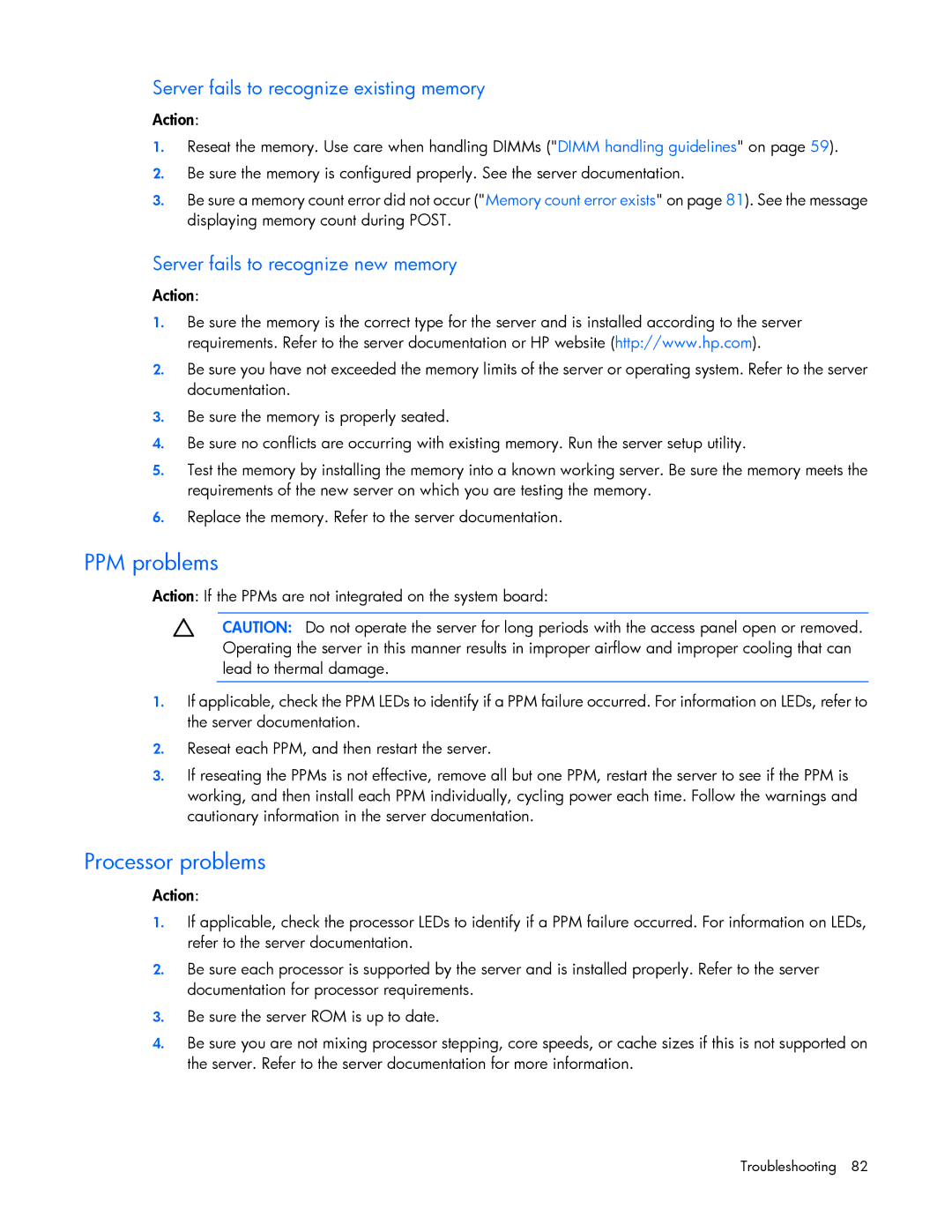 HP Security Camera ML100 manual PPM problems, Processor problems, Server fails to recognize existing memory 