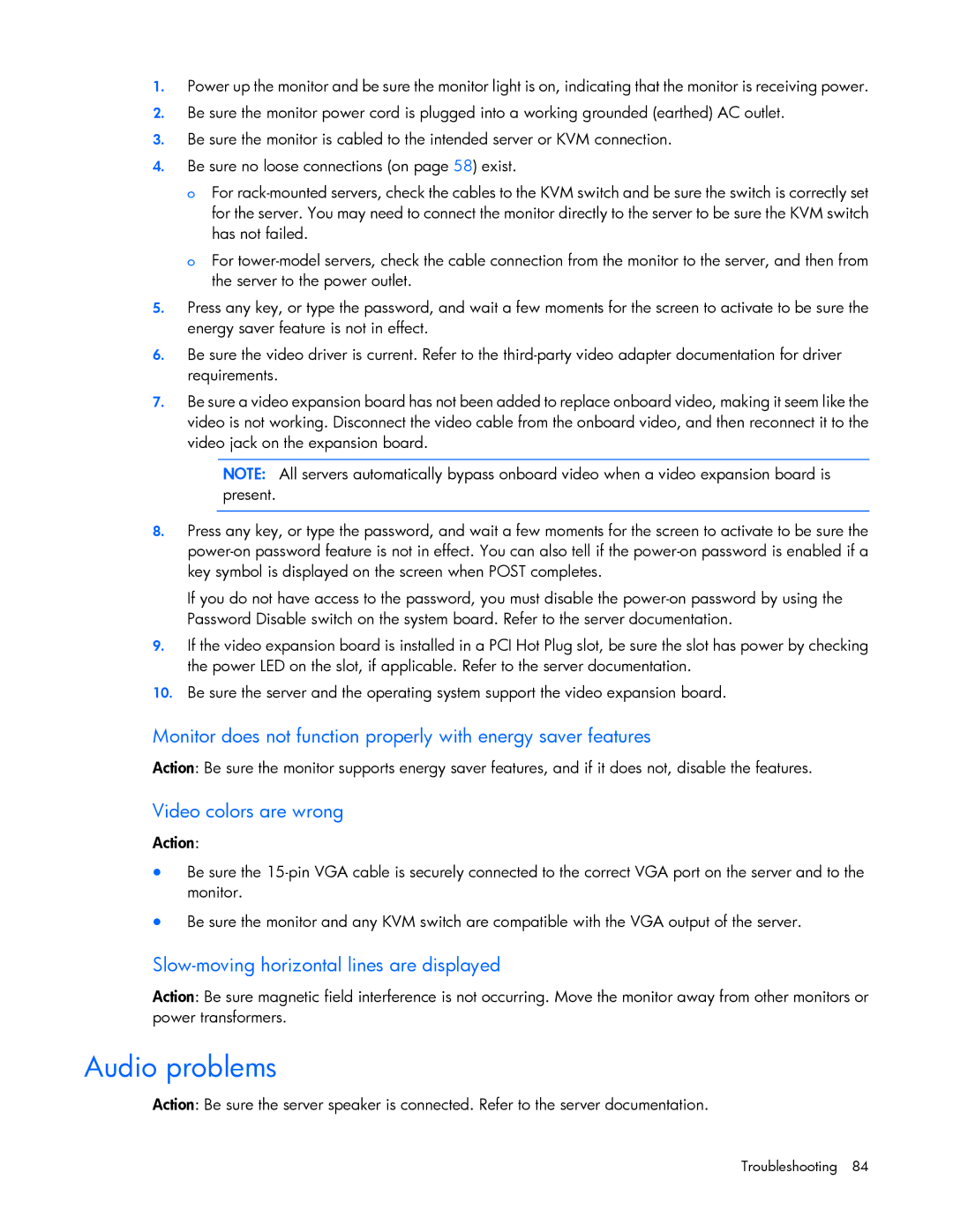 HP Security Camera ML100 manual Audio problems, Video colors are wrong, Slow-moving horizontal lines are displayed 