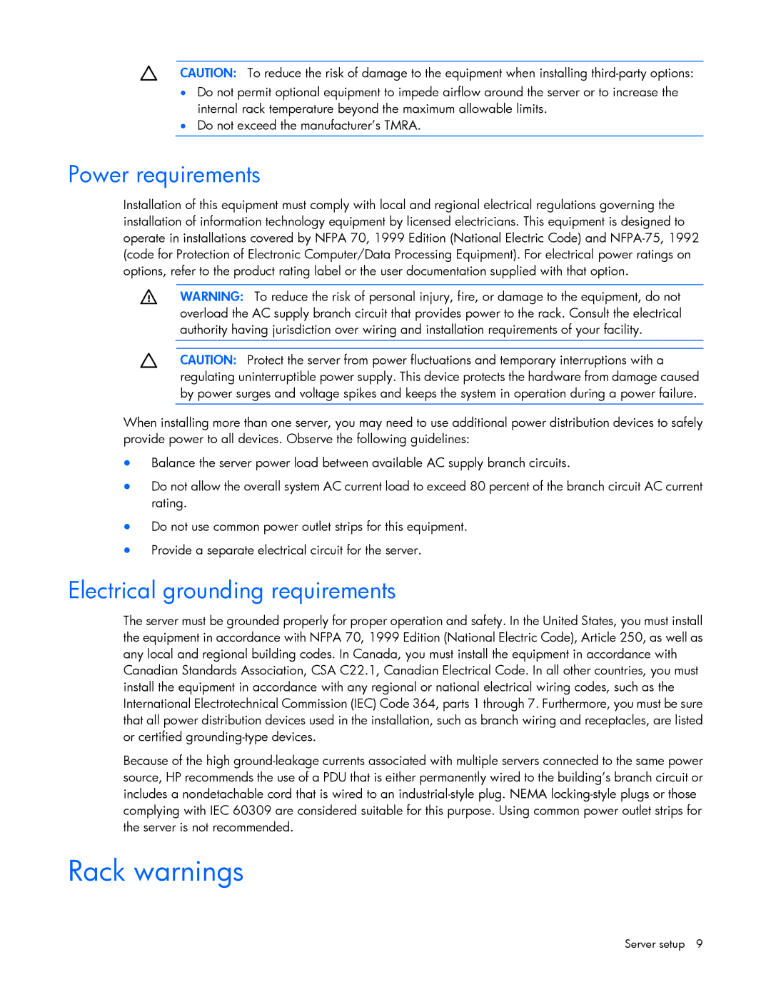 HP Security Camera ML100 manual Rack warnings, Power requirements, Electrical grounding requirements 