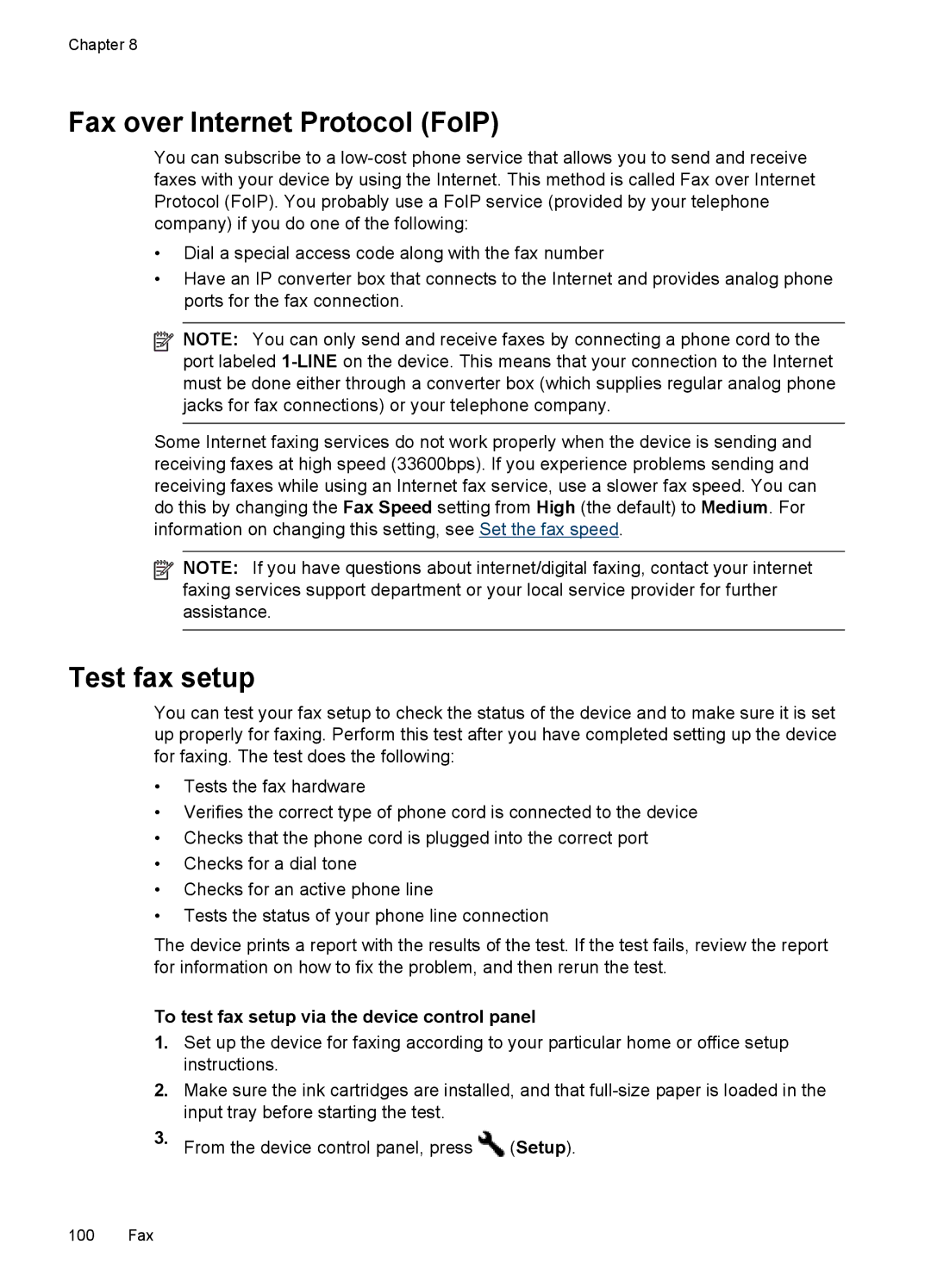 HP Sender Flow 8500 L2719ABGJ, Pro 8500 8500, Pro 8500 CB025A#B1H manual Fax over Internet Protocol FoIP, Test fax setup 