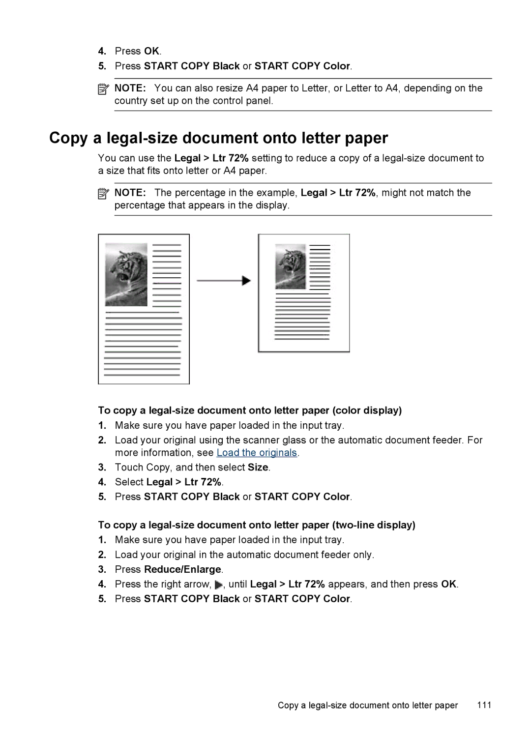 HP Pro 8500 CB025A#B1H, Pro 8500 8500 manual Copy a legal-size document onto letter paper, Press Reduce/Enlarge 