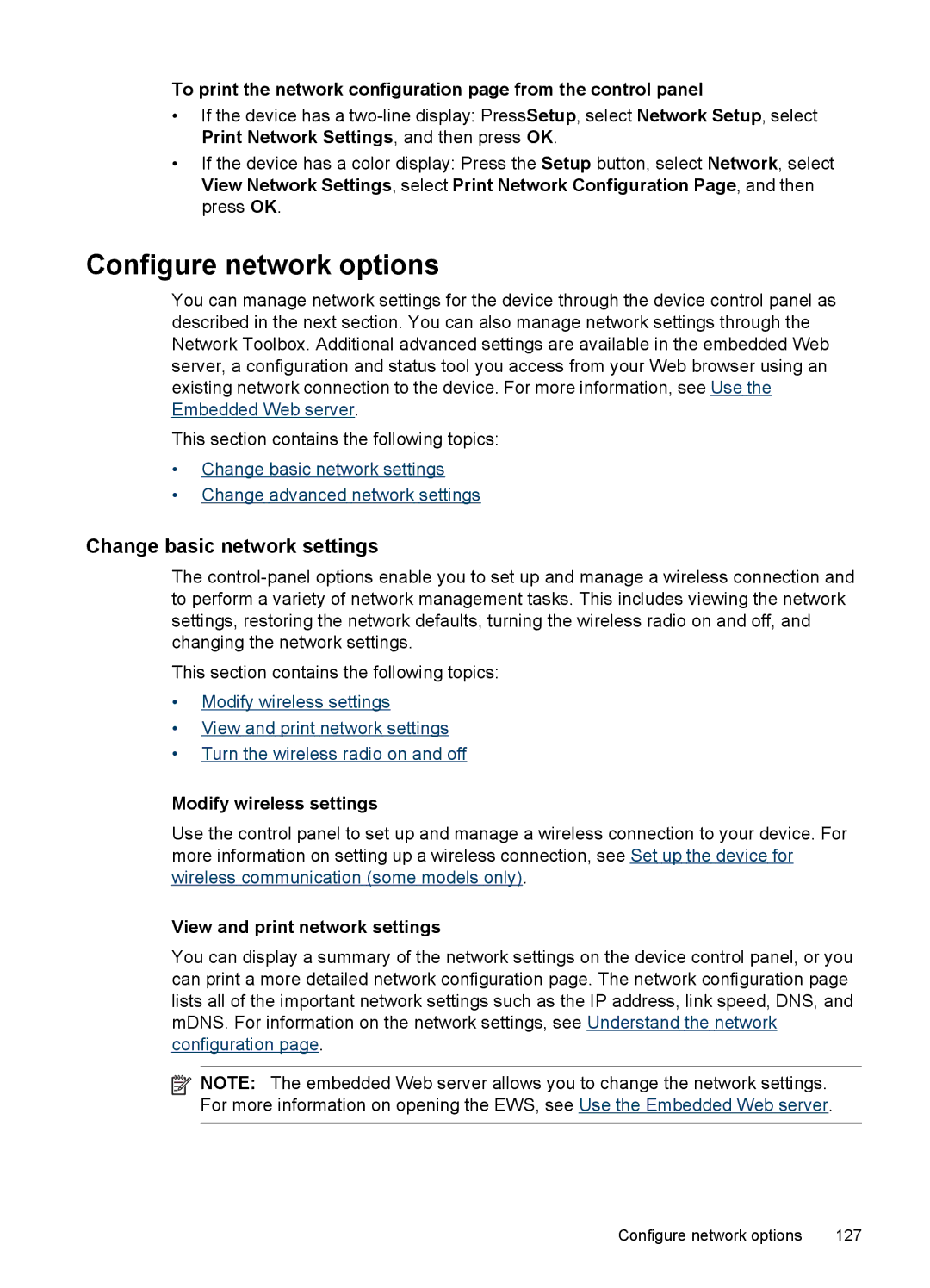 HP Sender Flow 8500 L2719ABGJ manual Configure network options, Change basic network settings, Modify wireless settings 