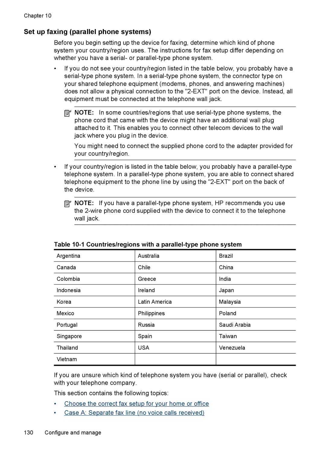 HP Sender Flow 8500 L2719ABGJ Set up faxing parallel phone systems, Countries/regions with a parallel-type phone system 