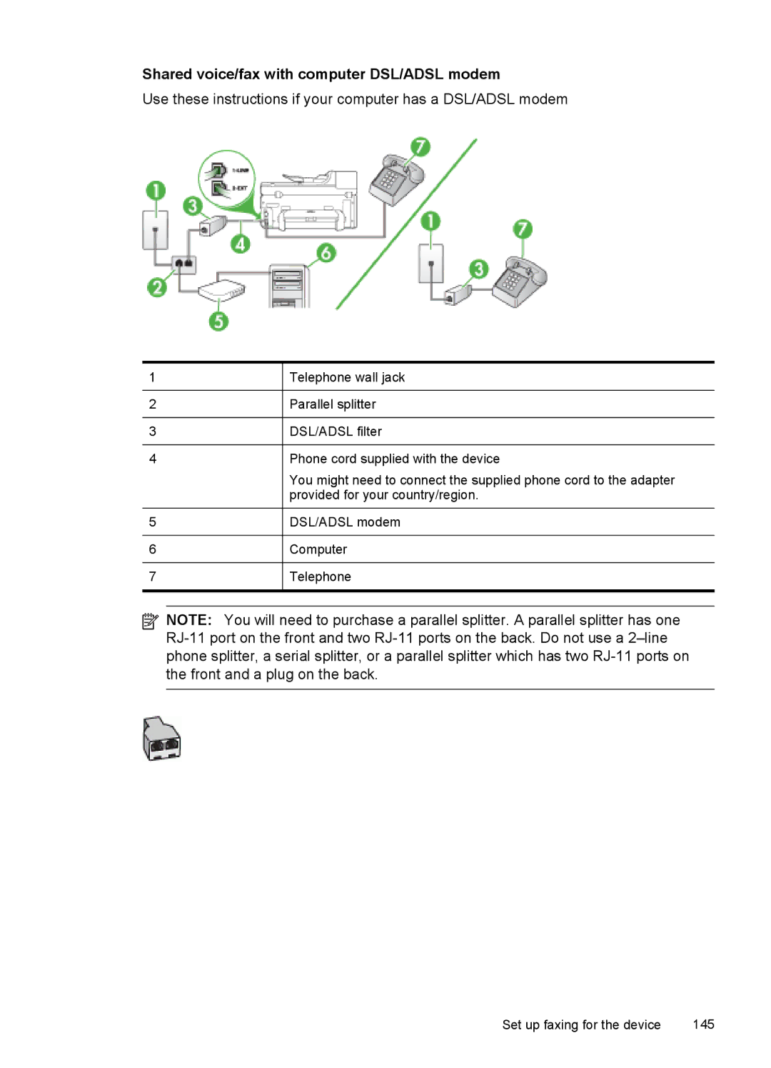 HP Sender Flow 8500 L2719ABGJ, Pro 8500 8500, Pro 8500 CB025A#B1H manual Shared voice/fax with computer DSL/ADSL modem 