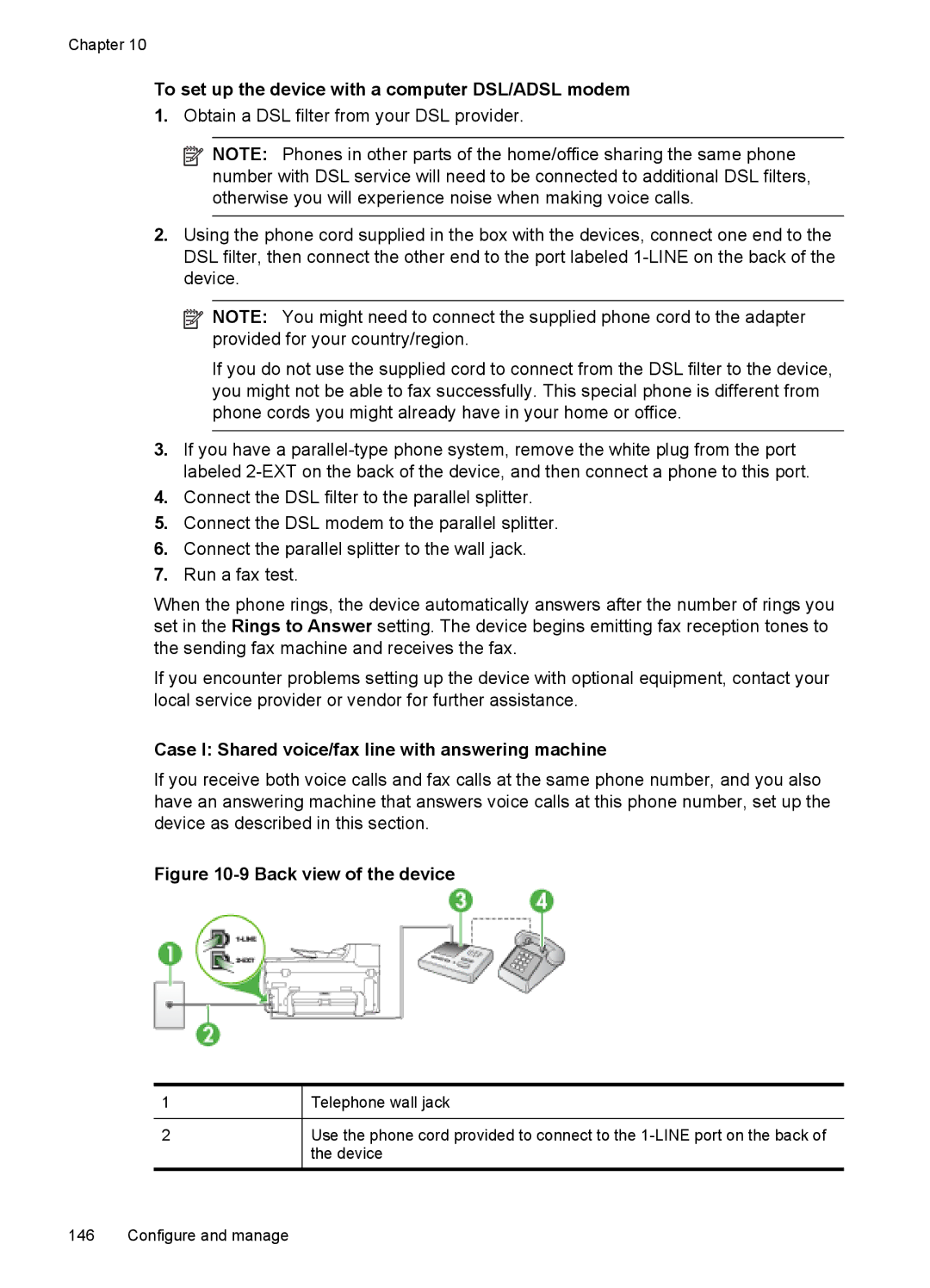 HP Pro 8500 8500, Pro 8500 CB025A#B1H manual Case I Shared voice/fax line with answering machine, Back view of the device 