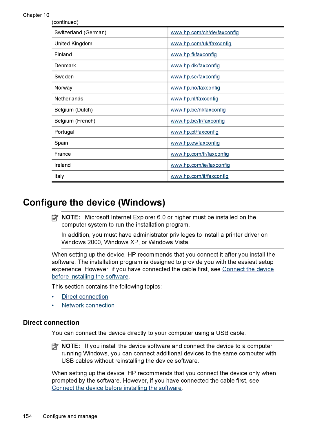 HP Sender Flow 8500 L2719ABGJ, Pro 8500 8500, Pro 8500 CB025A#B1H manual Configure the device Windows, Direct connection 