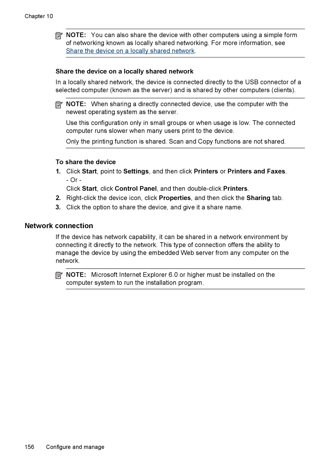 HP Pro 8500 CB025A#B1H manual Network connection, Share the device on a locally shared network, To share the device 