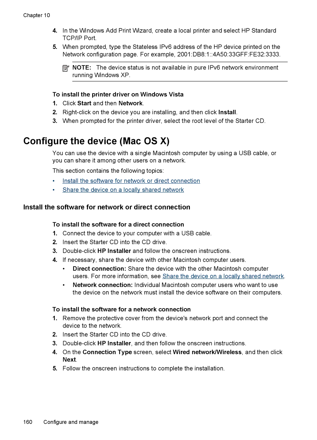 HP Sender Flow 8500 L2719ABGJ manual Configure the device Mac OS, Install the software for network or direct connection 