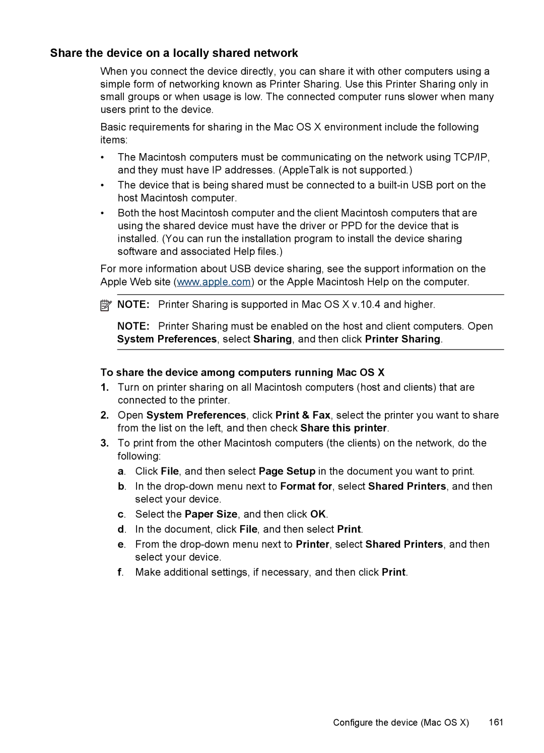 HP Pro 8500 8500 manual Share the device on a locally shared network, To share the device among computers running Mac OS 