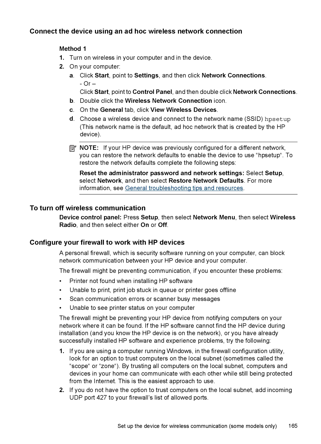 HP Pro 8500 CB025A#B1H manual To turn off wireless communication, Configure your firewall to work with HP devices, Method 