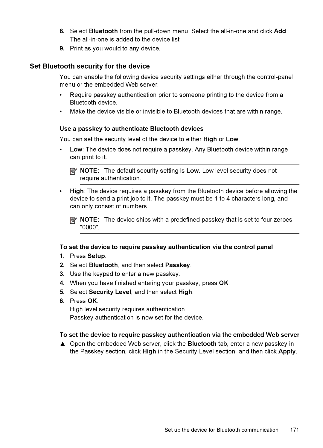 HP Pro 8500 CB025A#B1H manual Set Bluetooth security for the device, Use a passkey to authenticate Bluetooth devices 